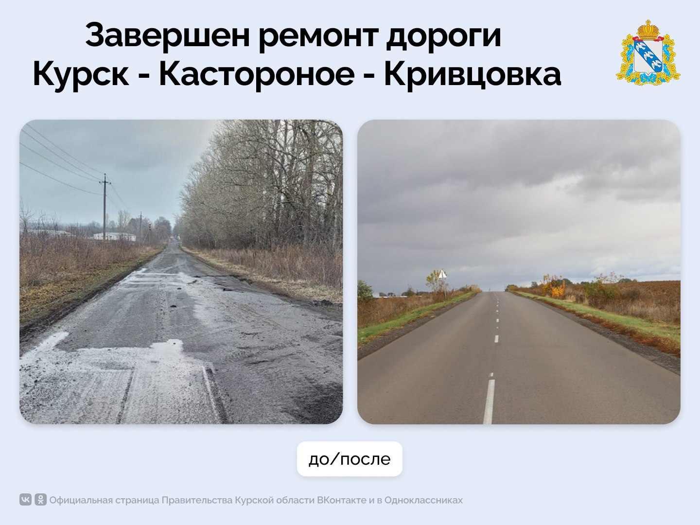 Благодаря национальному проекту «Инфраструктура для жизни» в Щигровском районе отремонтировали автодорогу Курск – Кастороное – Кривцовка протяженностью 6,3 км