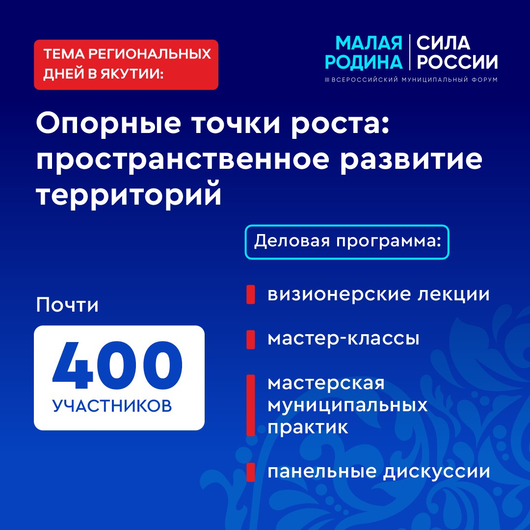 Почти 400 человек собрались в Якутии на региональных днях III Всероссийского муниципального форума «МАЛАЯ РОДИНА – СИЛА РОССИИ» Почти 400 человек собрались в Якутии на региональных днях III Всероссийского муниципального форума «МАЛАЯ РОДИНА – СИЛА РОССИИ»