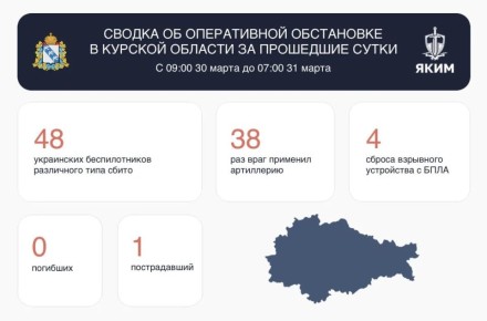 48 украинских беспилотников сбили за сутки в Курской области