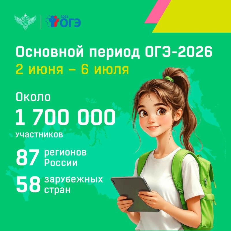 2 июня стартует основной период ОГЭ-2026, который продлится до 6 июля и охватит 87 регионов России, а также 58 зарубежных стран