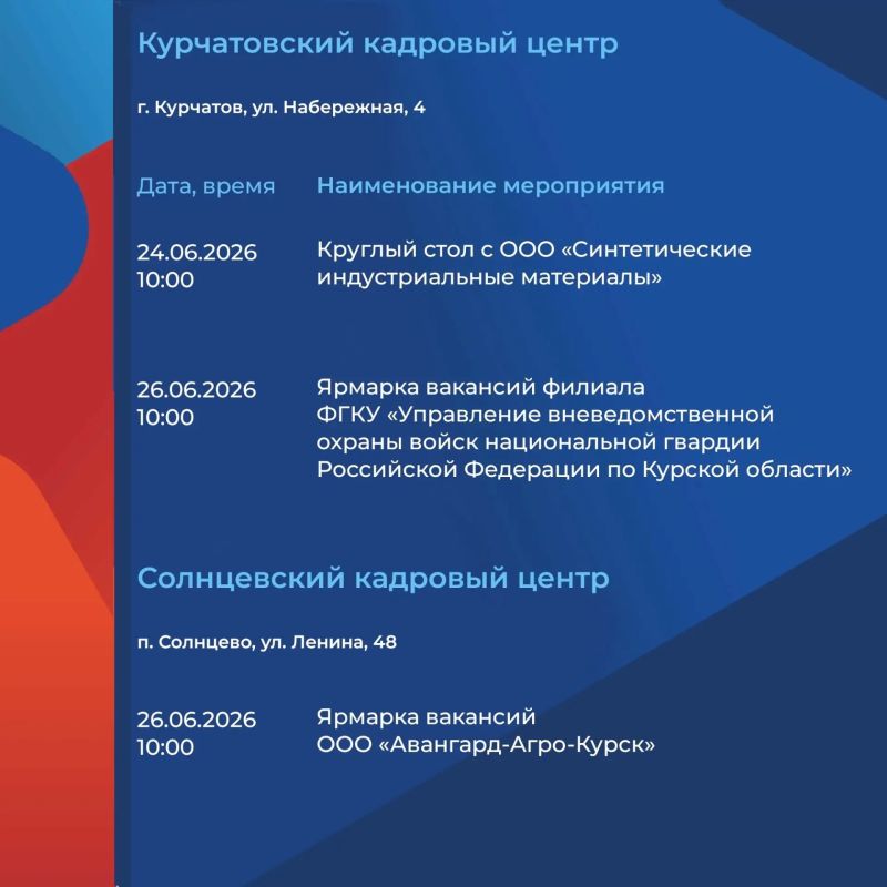 26 июня в Курской области состоится федеральный этап Всероссийской ярмарки трудоустройства «Работа России 26 июня в Курской области состоится федеральный этап Всероссийской ярмарки трудоустройства «Работа России
