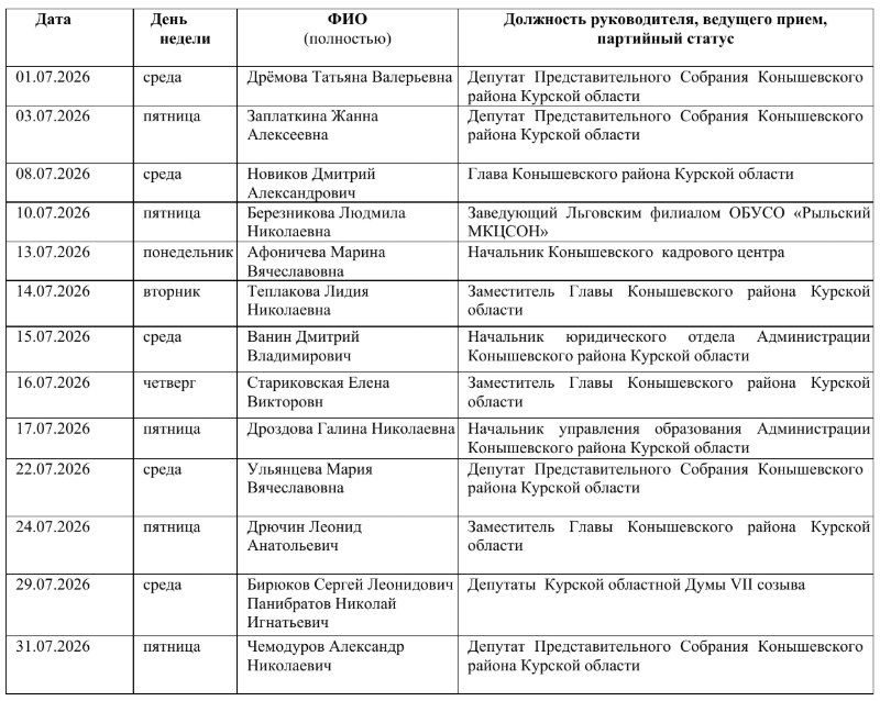 График приема граждан в общественной приемной Конышевского местного отделения партии «Единая Россия» в июле
