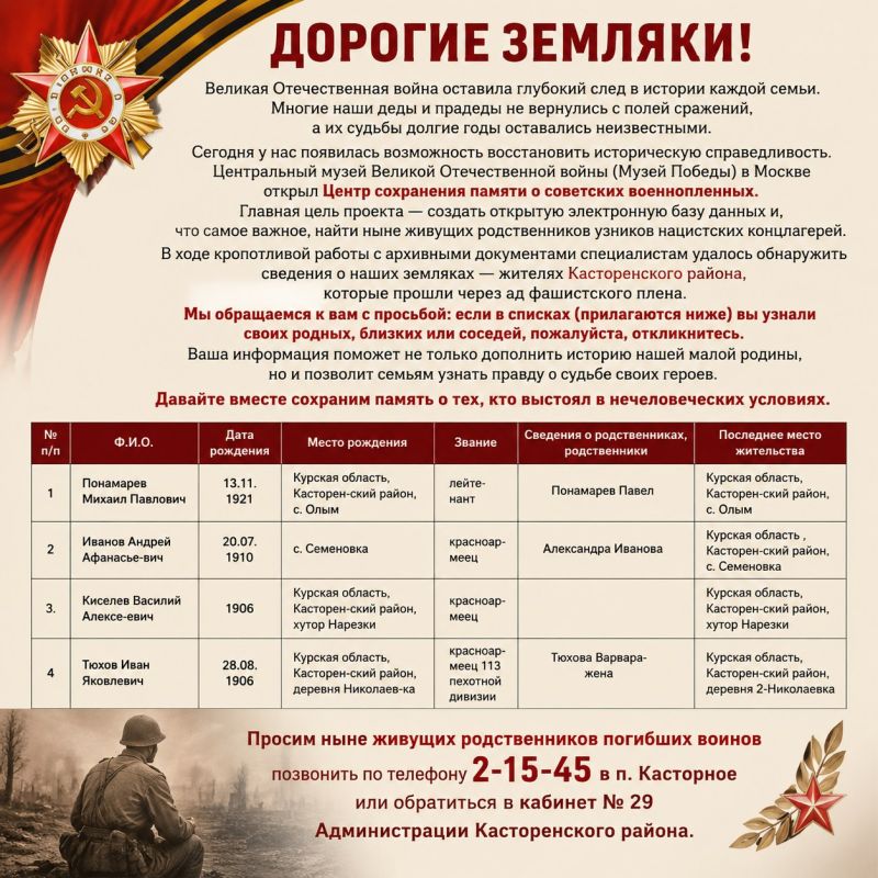Дорогие земляки!. Великая Отечественная война оставила глубокий след в истории каждой семьи