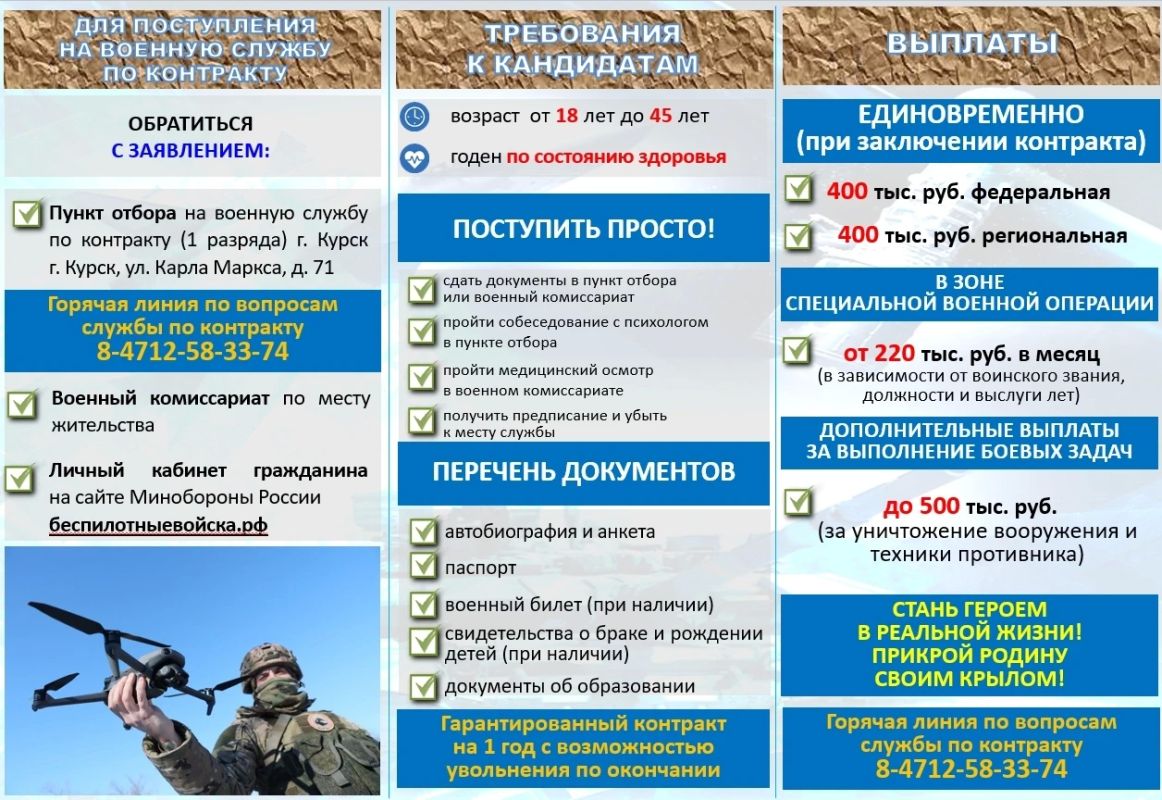 В Курске ведётся набор на военную службу по контракту в подразделения беспилотных летательных аппаратов (БПЛА)