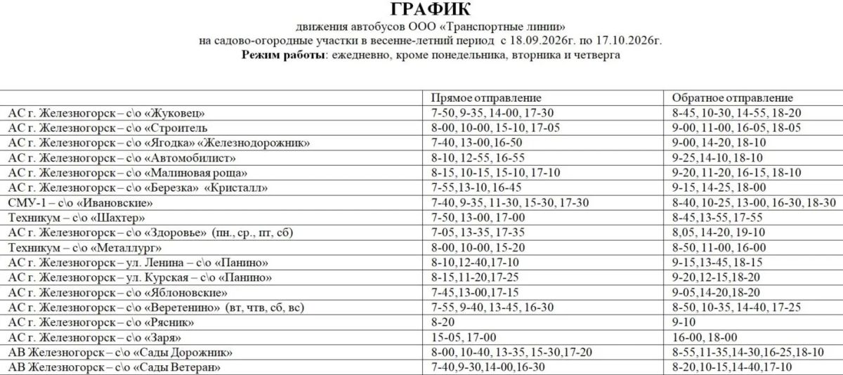 Публикуем график движения автобусов ООО «Транспортные линии» на садово-огородные участки в весенне-летний период с 18 сентября по 17 октября 2026 года