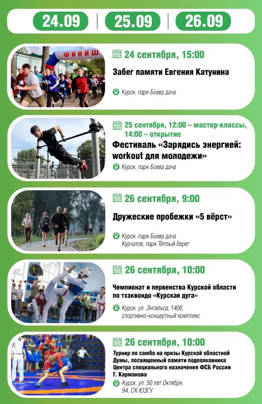 БОЛЬШАЯ СПОРТИВНАЯ НЕДЕЛЯ. На этой неделе будет много соревнований по легкой атлетике, воркауту, тхэквондо, самбо, дзюдо, маунтинбайку, настольному теннису, футболу, волейболу, баскетболу 3х3, киокусинкай, хоккею, выполнению...